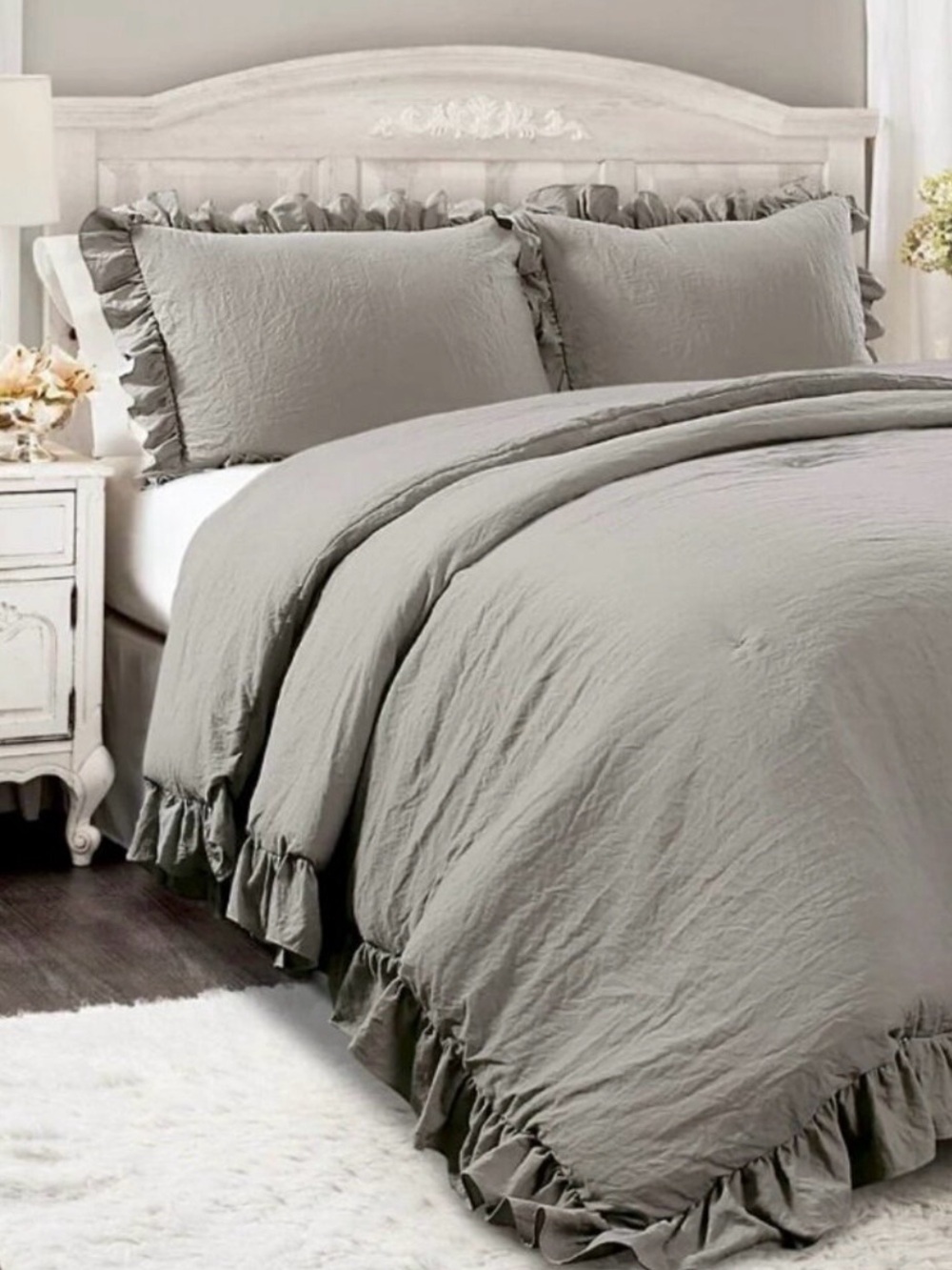 NWT Ruffle Duvet Cover Set King 3 PCs 100% Washed Cotton Gray Solid Bedding